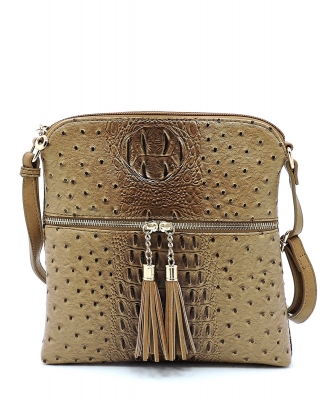 Ostrich Croc Zip Tassel Crossbody Bag OS062 STONE